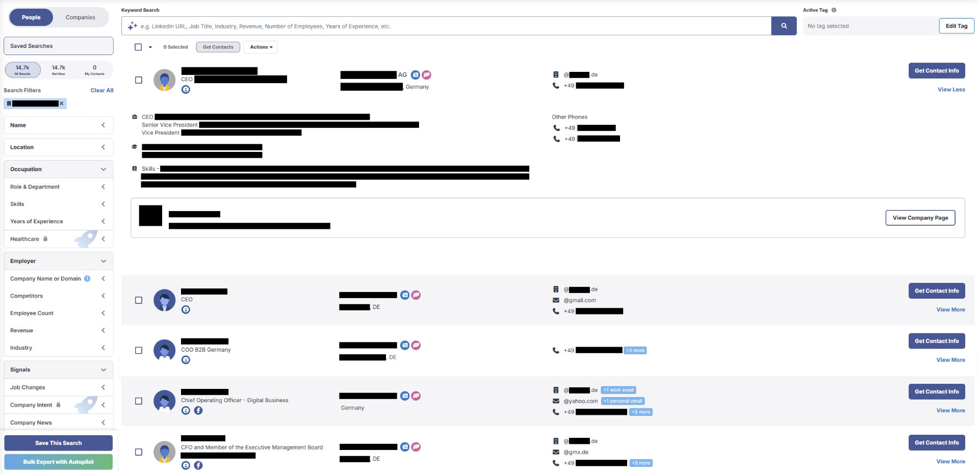 Auszug einer B2B-Datenbank: Profilsätze von Geschäftsführern in Deutschland mit maskierten Mobilnummern und E-Mail-Adressen